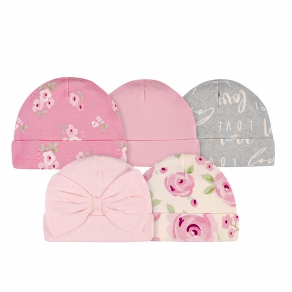 New Gerber 5-Pack Baby Girls Floral Caps 100% Cotton OEKO-TEX Flower - Picture 2 of 3